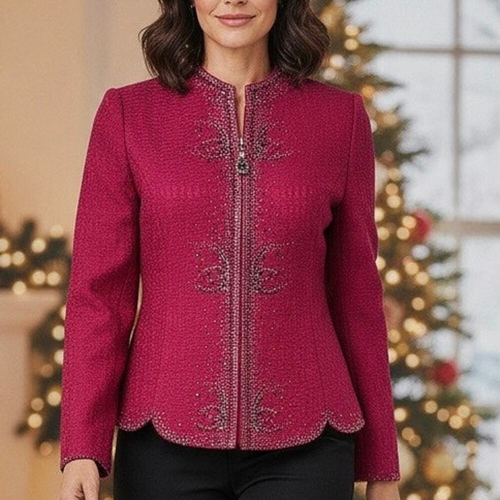 Vintage 1980s Keum Bang Embellished Knit Blazer in Magenta
Size medium
